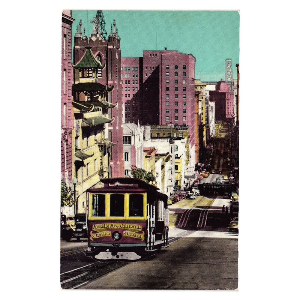 Street Cable Car Postcard Vintage San Francisco CA Chinatown Landmark Bridge